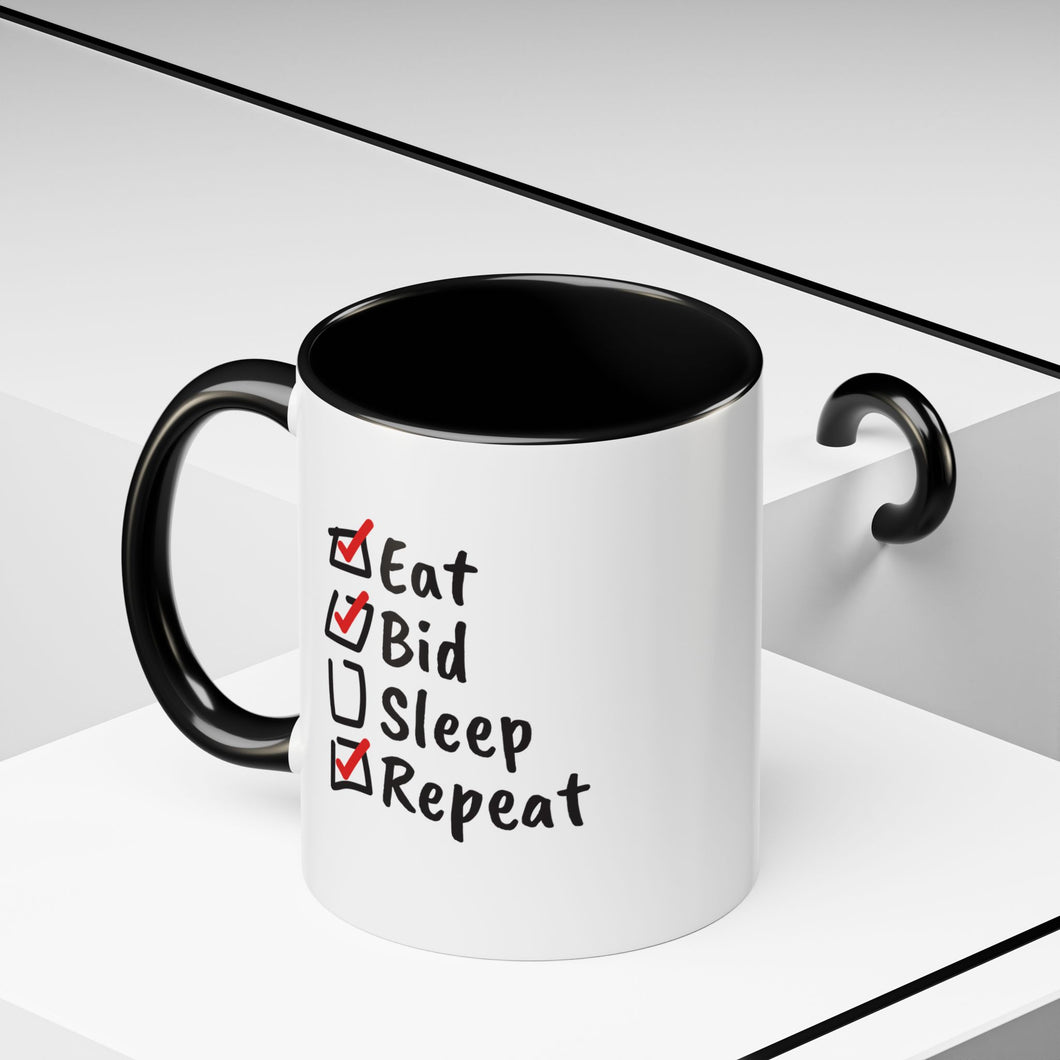 Eat. Bid. Sleep. Repeat Accent Coffee Mug (11, 15oz) - Winning for a Living